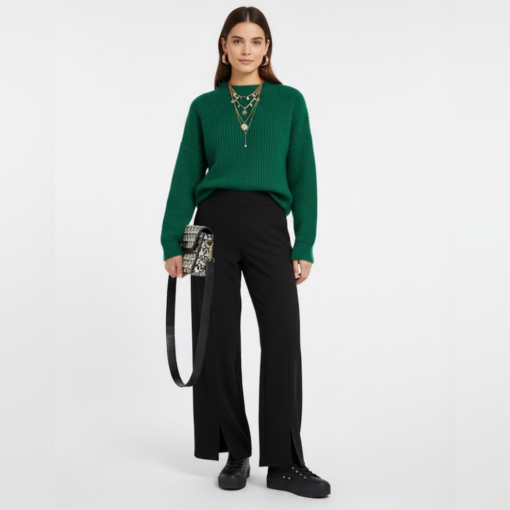NWT Forever 21 Black Straight Wide Leg High Rise Pants 0X $38 front bottom slit